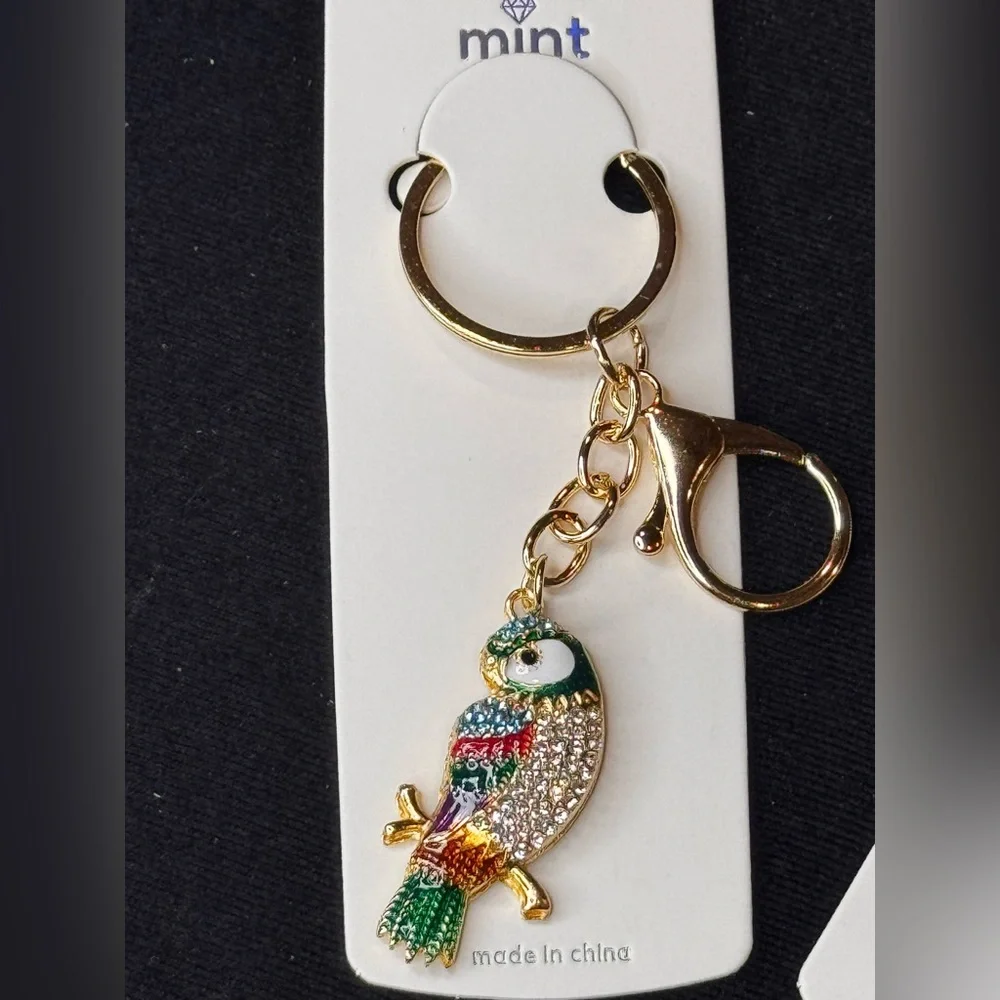 Mint Green and Red Tropical Bird Charm Keychain Bag Charm